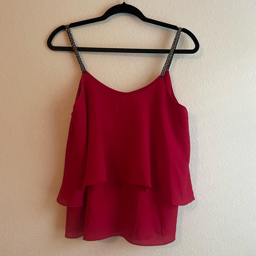 Red layered tank top, red ruffle tank top with bejeweled  straps, beaded straps